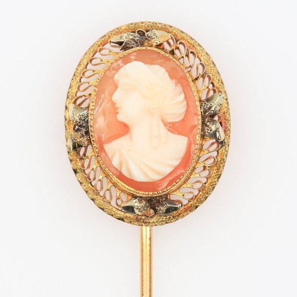 Jewelry - Vintage‎ 10K Gold Shell Cameo Stick Pin Edwardian Filigree Portrait 1910s